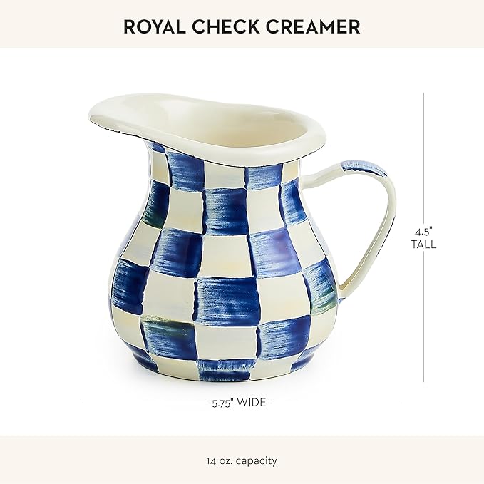 Enamel Creamer, Creamer Dispenser with Pour Spout, Kitchen Enamelware, 14-Ounce Capacity, Blue-and-White Royal Check