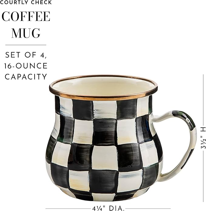 Enamel Mug, Cute Enamelware Coffee and Tea Mug, Unique Drinkware, 16 Ounces, Black-and-White Courtly Check, Set of 4