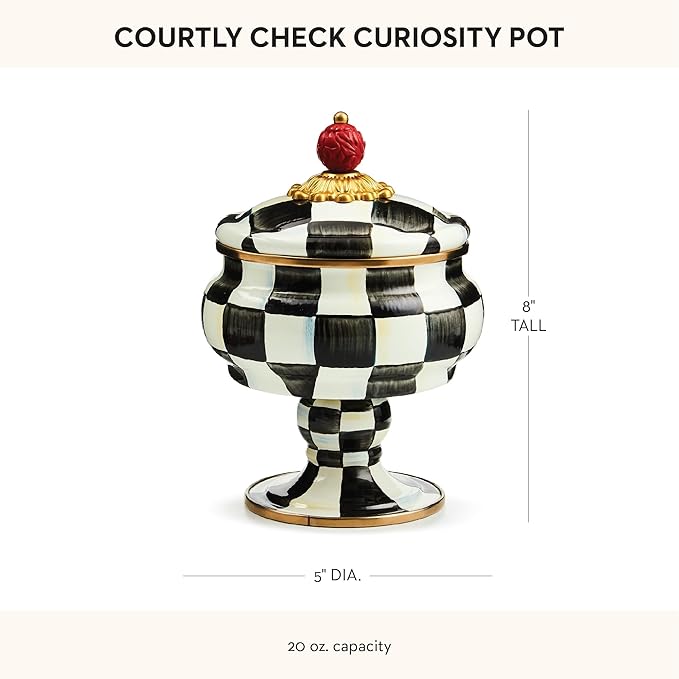 Enamel Curiosity Pot, Decorative Container for Home Decor, Black-and-White Courtly Check
