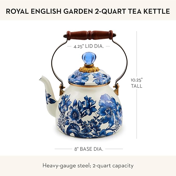 2-Quart Enamel Tea Kettle, Cute Tea Kettle for Stovetop, Royal English Garden