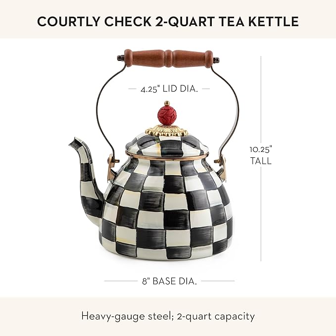 Enamel Tea Kettle, Stylish Tea Kettle for Stovetop, Black-and-White Courtly Check, 2 Quarts