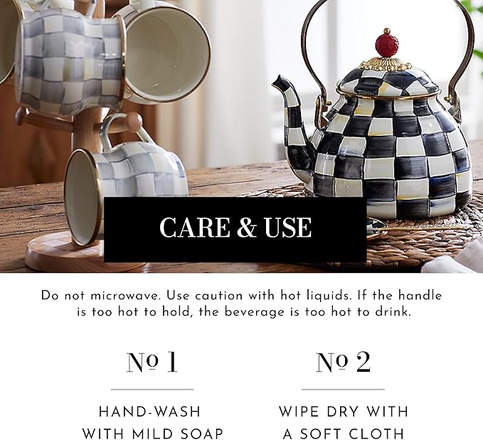 Enamel Mug, Cute Enamelware Coffee and Tea Mug, Unique Drinkware, 16 Ounces, Gray-and-White Sterling Check, Set of 4