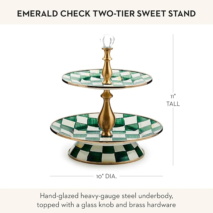 Enamel Two-Tier Sweet Stand, Two-Tiered Serving Tray for Dessert, Green-and-White Emerald Check