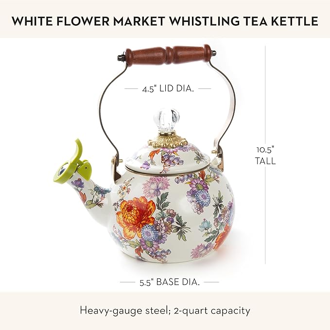 Enamel Whistling Tea Kettle, Decorative Teapot for Stovetop, White Flower Market