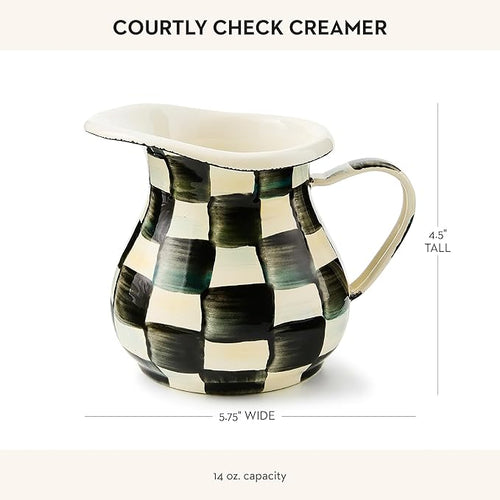 Enamel Creamer, Creamer Dispenser with Pour Spout, Kitchen Enamelware, 14-Ounce Capacity, Black-and-White Courtly Check
