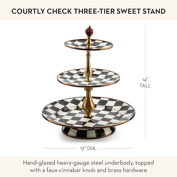 Enamel Three-Tier Sweet Stand, Three-Tiered Serving-Tray Stand, Party Food Display, Black-and-White Courtly Check