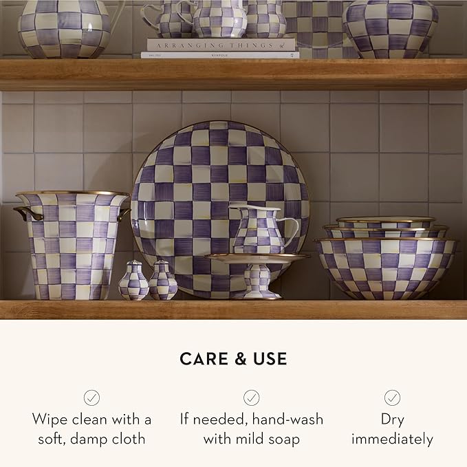 Enamel Creamer, Creamer Dispenser with Pour Spout, 14-Ounce Capacity, Purple-and-White Violet Check