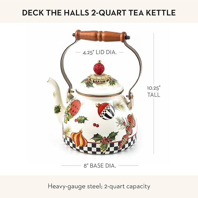 Deck the Halls 2-Quart Enamel Tea Kettle, Christmas Tea Kettle for Stovetop