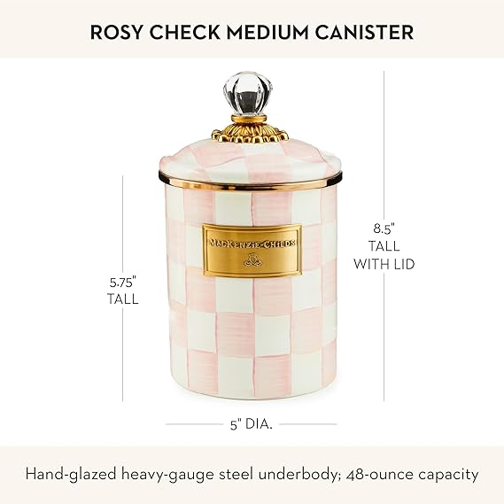 Medium Enamel Canister, Kitchen Storage Container for Flour and Sugar, 1.42 Liters, Pink-and-White Rosy Check