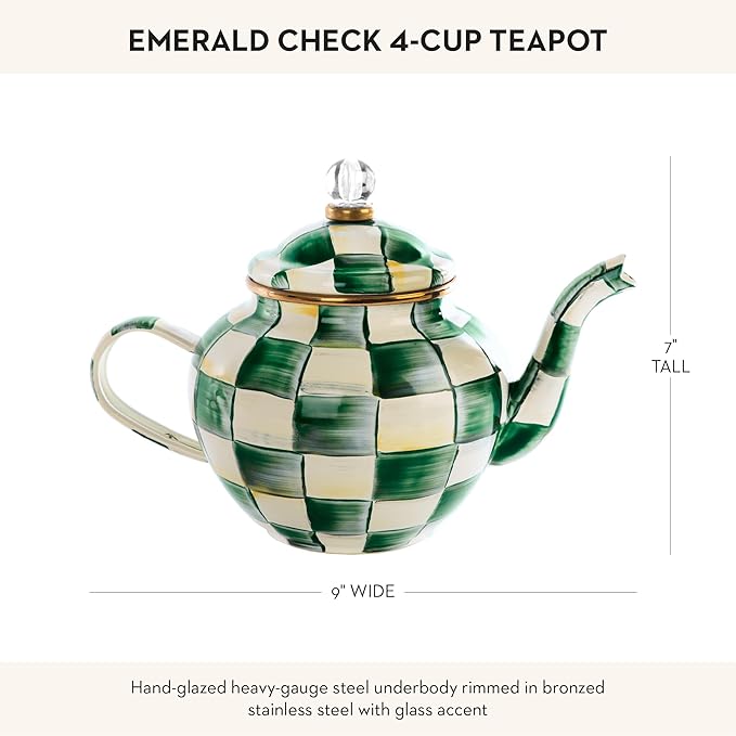 Enamel Teapot, Cute Small Teapot with Lid, 4-Cup Capacity, Green-and-White Emerald Check