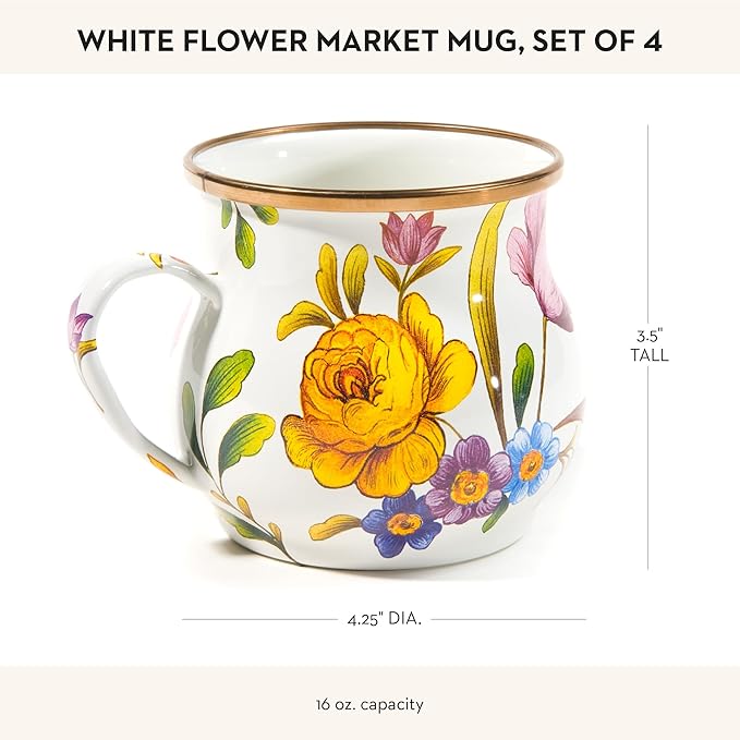 Enamel Mug, Cute Enamelware Coffee and Tea Mug, Unique Drinkware, 16 Ounces, White Flower Market, Set of 4