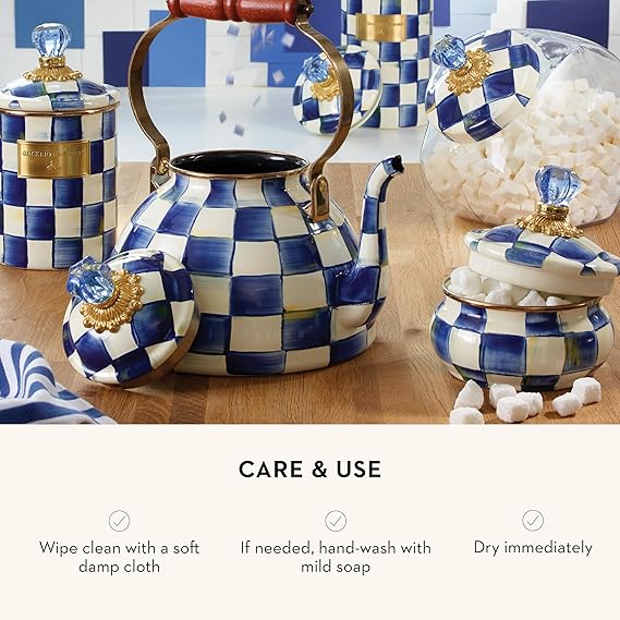 Enamel Squashed Pot, Cute Enameled Container with Lid, 20 Ounces, Blue-and-White Royal Check