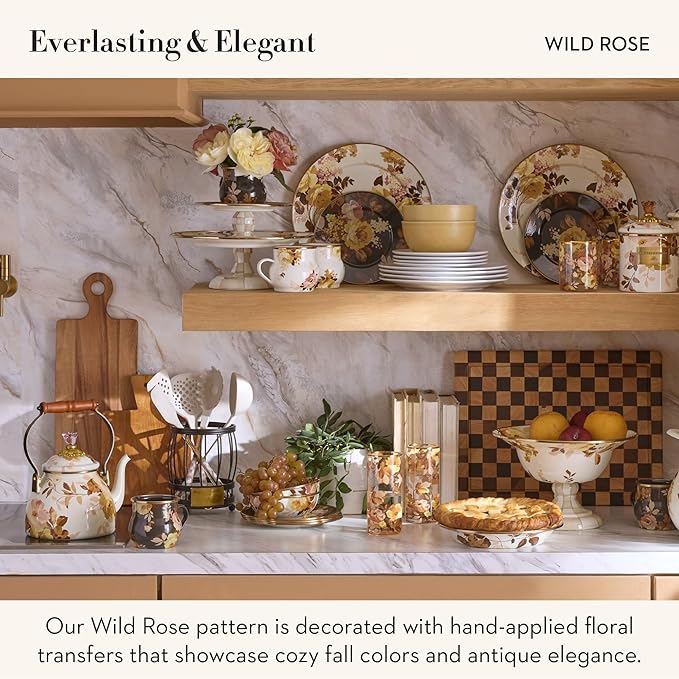 Enamel Tea Kettle, Cute Tea Kettle for Stovetop, 2 Quarts, Wild Rose White