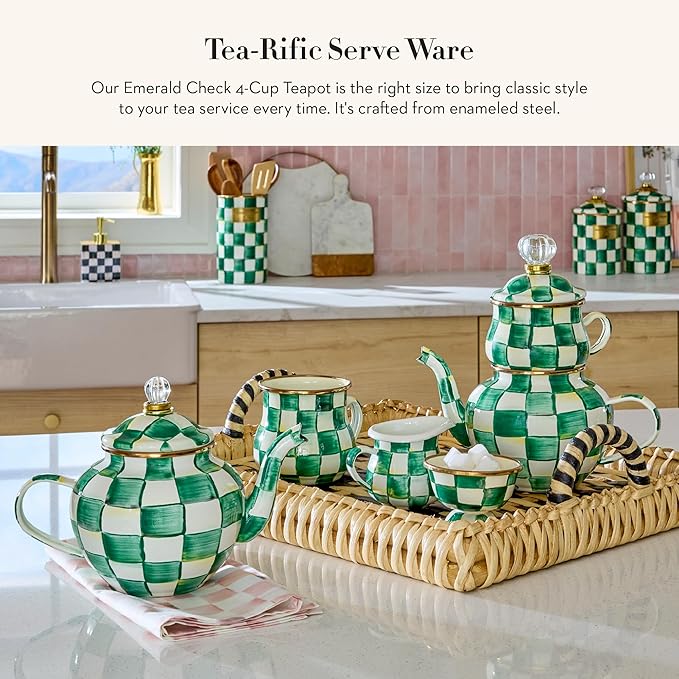 Enamel Teapot, Cute Small Teapot with Lid, 4-Cup Capacity, Green-and-White Emerald Check