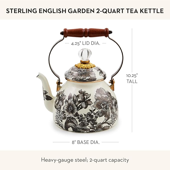 2-Quart Enamel Tea Kettle, Cute Tea Kettle for Stovetop, Sterling English Garden
