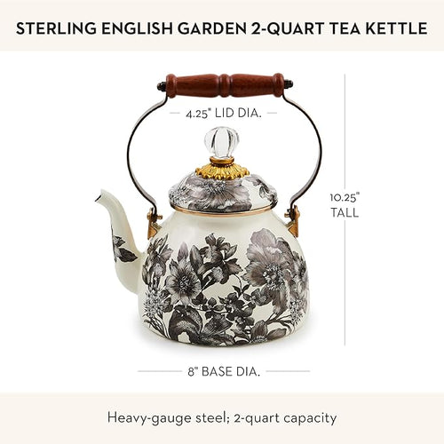 2-Quart Enamel Tea Kettle, Cute Tea Kettle for Stovetop, Sterling English Garden