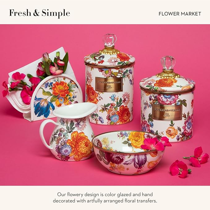 Enamel Creamer, Creamer Dispenser with Pour Spout, Kitchen Enamelware, 14-Ounce Capacity, White Flower Market