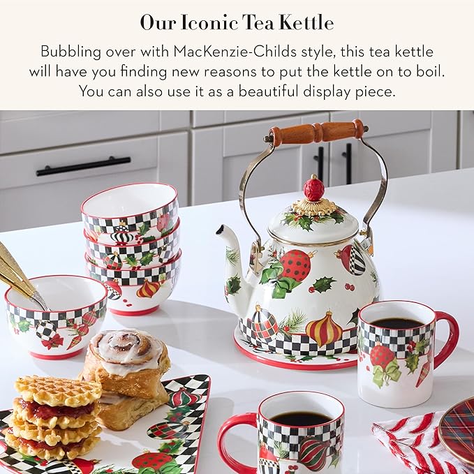 Deck the Halls 2-Quart Enamel Tea Kettle, Christmas Tea Kettle for Stovetop