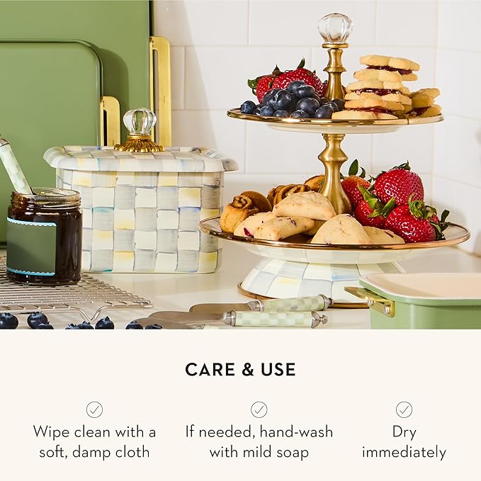 Enamel Two-Tier Sweet Stand, Two-Tiered Serving Tray for Dessert, Gray-and-White Sterling Check