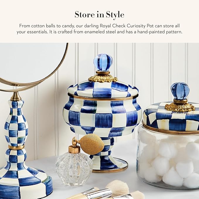 Enamel Curiosity Pot, Decorative Container for Home Decor, Blue-and-White Royal Check