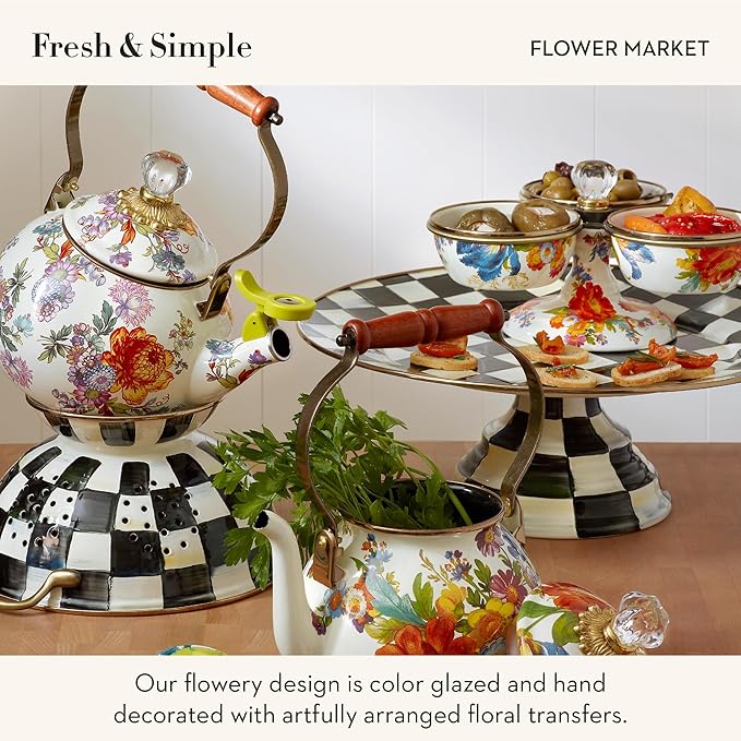 Enamel Whistling Tea Kettle, Decorative Teapot for Stovetop, White Flower Market