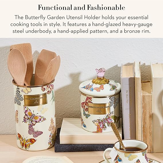 Enamel Utensil Holder, Kitchen Utensil Holder for Countertop, Storage Caddy, Butterfly Garden