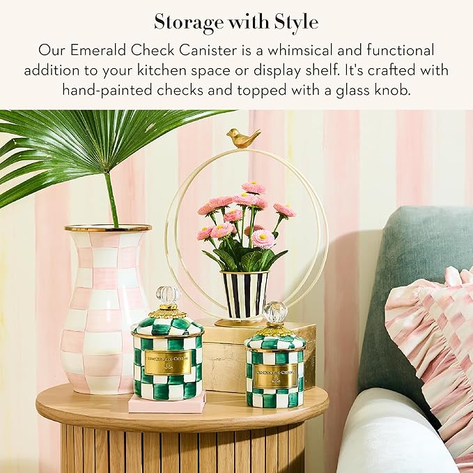 Demi Enamel Canister, Kitchen Storage Container with Lid, Green-and-White Emerald Check