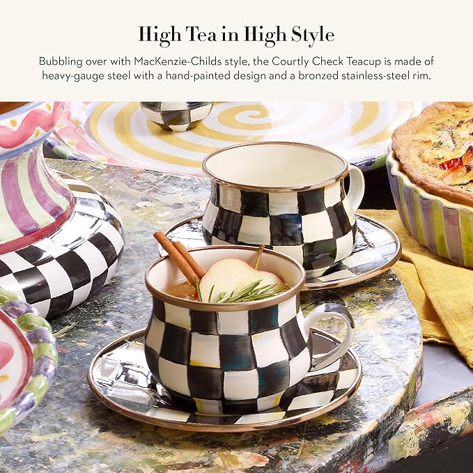 Enamel Teacup, Unique Coffee and Tea Mug, Enamel Cup for Hot Tea, 10 Ounces, Black-and-White Courtly Check