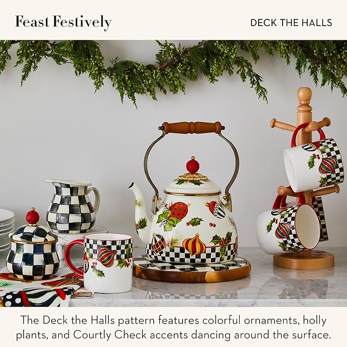 Deck the Halls 2-Quart Enamel Tea Kettle, Christmas Tea Kettle for Stovetop