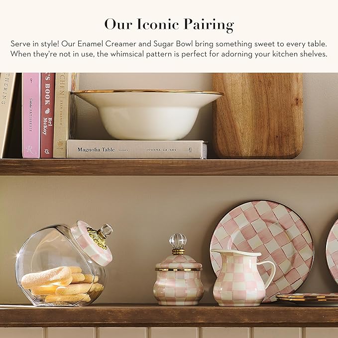 Enamel Creamer and Sugar-Bowl Set, Cream Dispenser and Sugar Holder, Unique Kitchen Decor, Pink-and-White Rosy Check