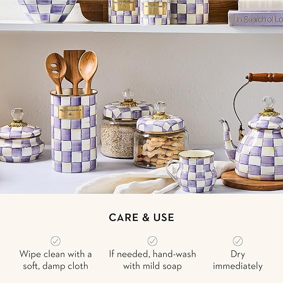 Enamel Squashed Pot, Enamelware Storage Canister with Lid, 20 Ounces, Purple-and-White Violet Check