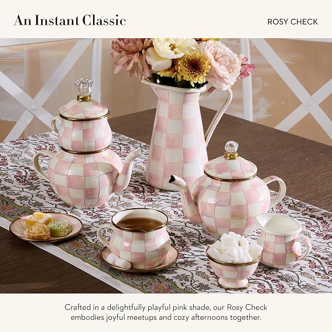 Enamel Saucer, Small Enamel Plate for Teacups, Pink-and-White Rosy Check