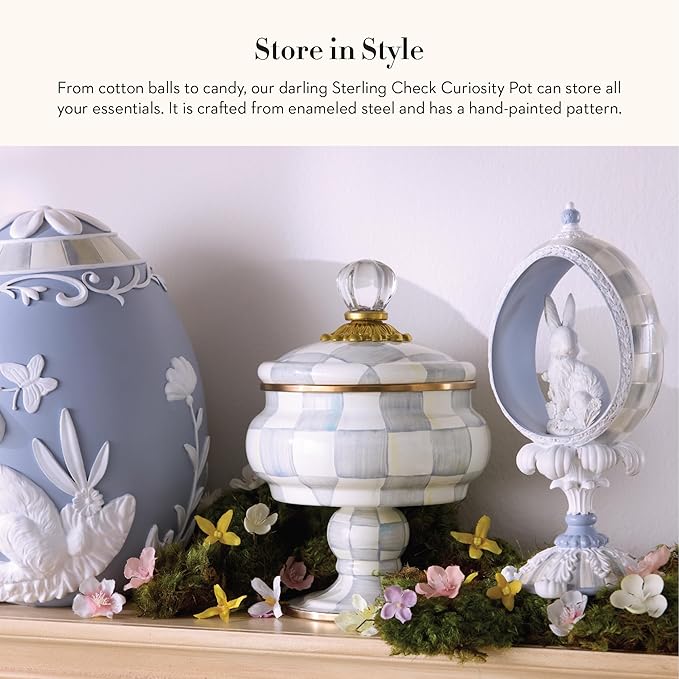 Enamel Curiosity Pot, Decorative Container for Home Decor, Gray-and-White Sterling Check