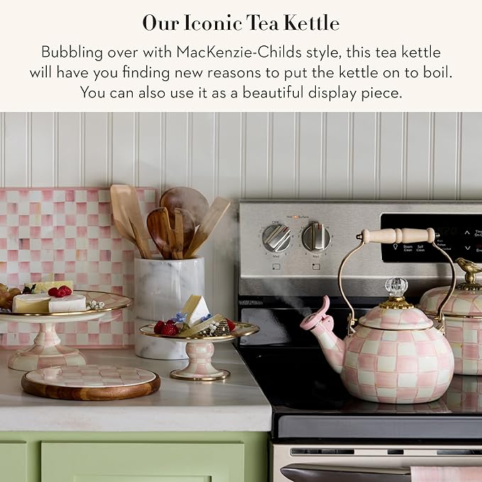 Enamel Whistling Tea Kettle, Decorative Teapot, Pink-and-White Rosy Check