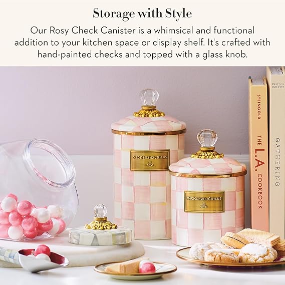 Medium Enamel Canister, Kitchen Storage Container for Flour and Sugar, 1.42 Liters, Pink-and-White Rosy Check