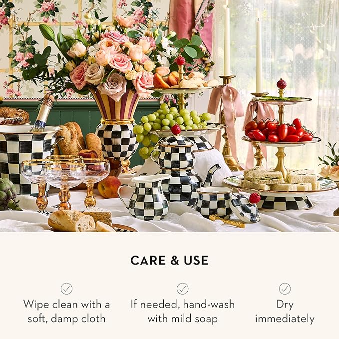 Enamel Three-Tier Sweet Stand, Three-Tiered Serving-Tray Stand, Party Food Display, Black-and-White Courtly Check