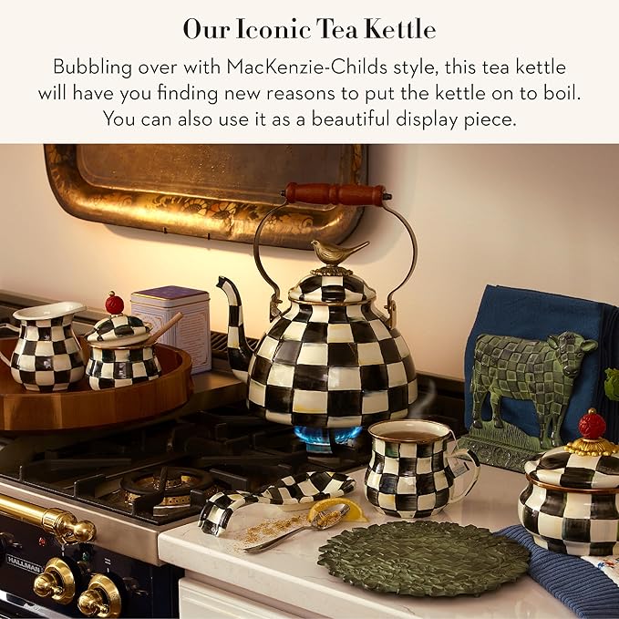 Enamel Tea Kettle, Cute Kitchen Kettle for Stovetop, 3-Quart Capacity, Black-and-White Courtly Check with Bird Topper