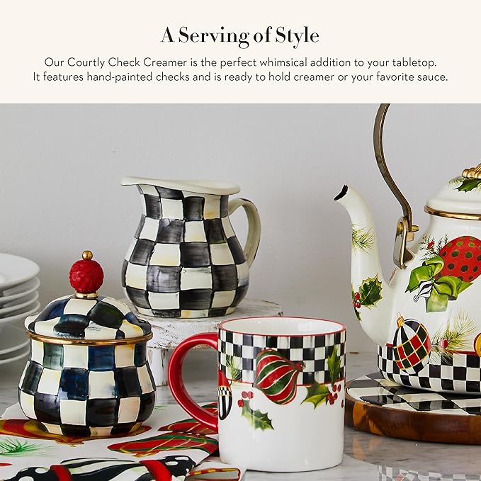 Enamel Creamer, Creamer Dispenser with Pour Spout, Kitchen Enamelware, 14-Ounce Capacity, Black-and-White Courtly Check