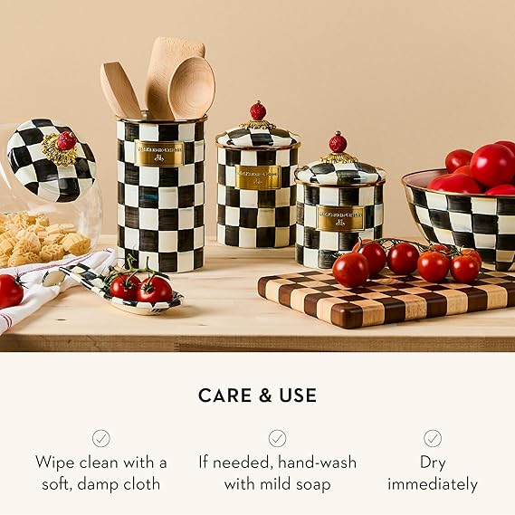 Medium Enamel Canister, Kitchen Storage Container for Flour and Sugar, 1.42 Liters, Black-and-White Courtly Check