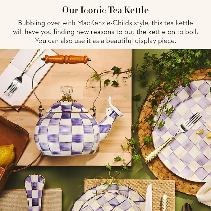 Enamel Whistling Tea Kettle, Decorative Teapot, 2 Quarts, Purple-and-White Violet Check