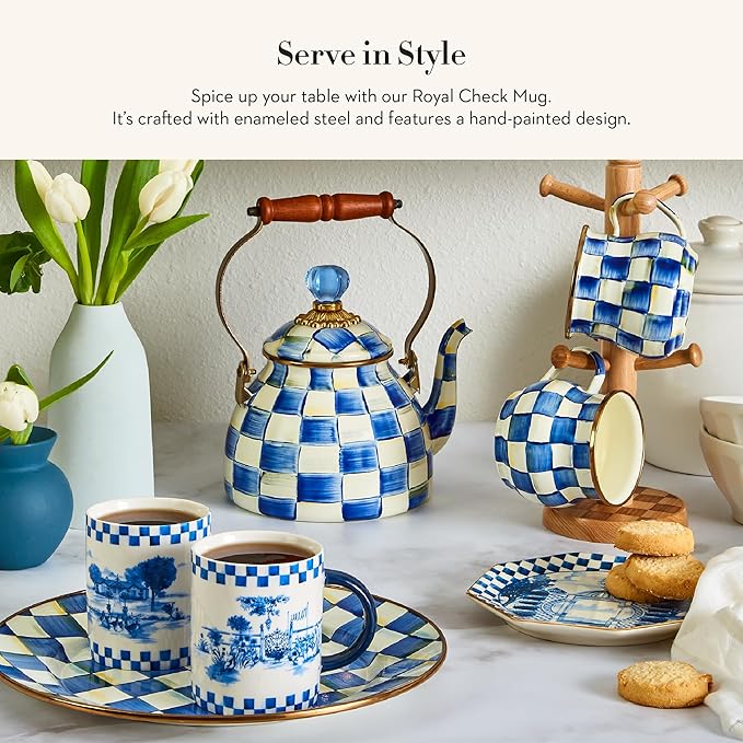 Enamel Mug, Cute Enamelware Coffee and Tea Mug, Unique Drinkware, 16 Ounces, Blue-and-White Royal Check, Set of 4