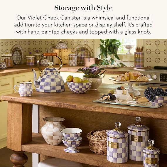 Enamel Canister, Kitchen Storage Container with Lid, Medium, Purple-and-White Violet Check