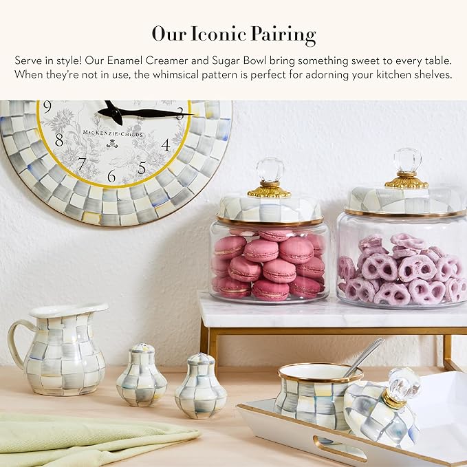 Enamel Creamer and Sugar-Bowl Set, Cream Dispenser and Sugar Holder, Unique Kitchen Decor, Gray-and-White Sterling Check