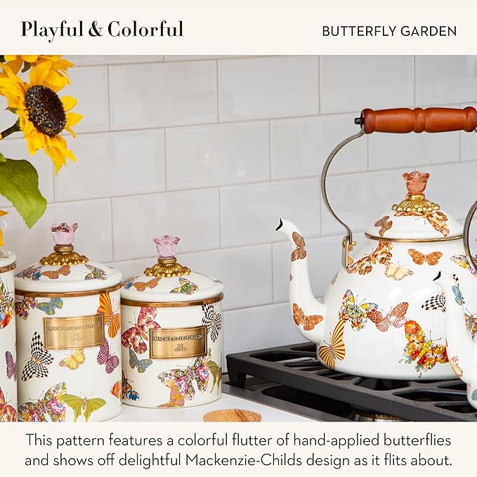 Enamel Tea Kettle, Cute Kitchen Kettle for Stovetop, 2-Quart Capacity, Butterfly Garden
