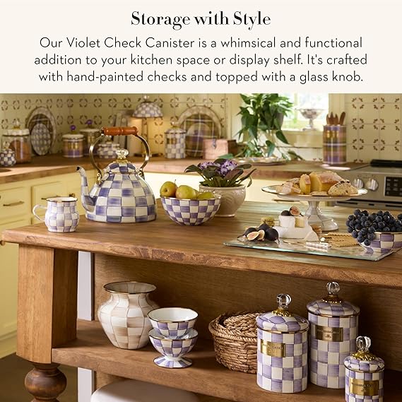 Enamel Canister, Kitchen Storage Container with Lid, Small, Purple-and-White Violet Check