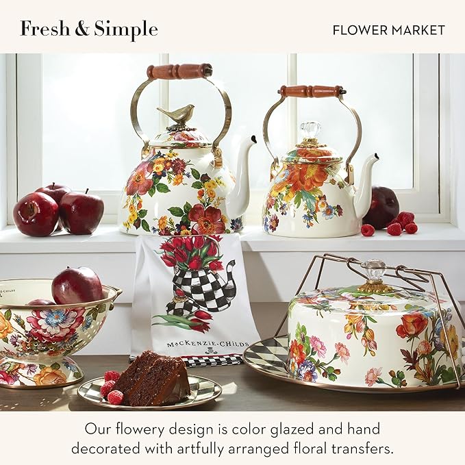 Enamel Tea Kettle, Cute Kitchen Kettle for Stovetop, 3-Quart Capacity, White Flower Market with Bird Topper