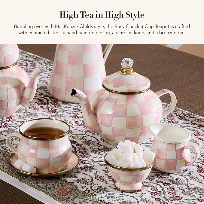 Enamel Teapot, Cute Small Teapot with Lid, 4-Cup Capacity, Pink-and-White Rosy Check