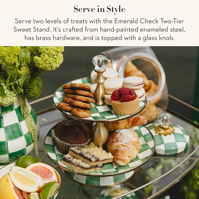 Enamel Two-Tier Sweet Stand, Two-Tiered Serving Tray for Dessert, Green-and-White Emerald Check