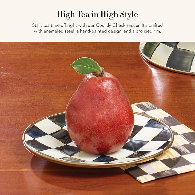 Enamel Saucer, Small Enamel Plate for Teacups, Black-and-White Courtly Check