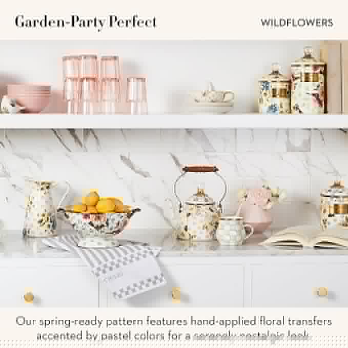 Enamel Tea Kettle, Cute Kitchen Kettle for Stovetop, 2-Quart Capacity, Pink Wildflowers